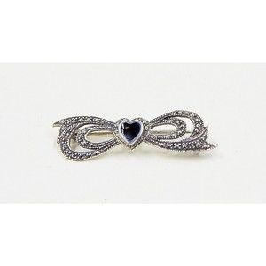 IMA Sterling Silver Genuine Marcasite and Black Onyx Heart Bow Brooch